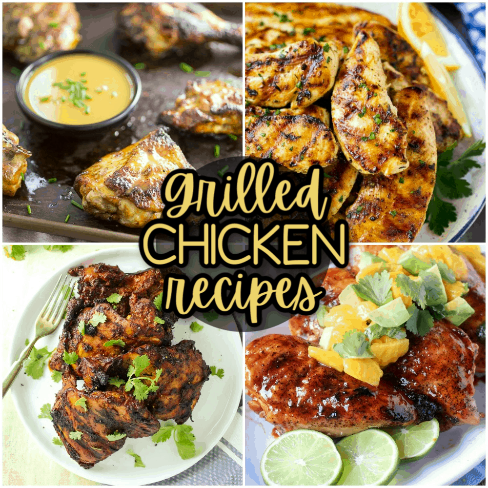 a collage of four different grilled chicken dishes with title text reading Grilled Chicken Recipes