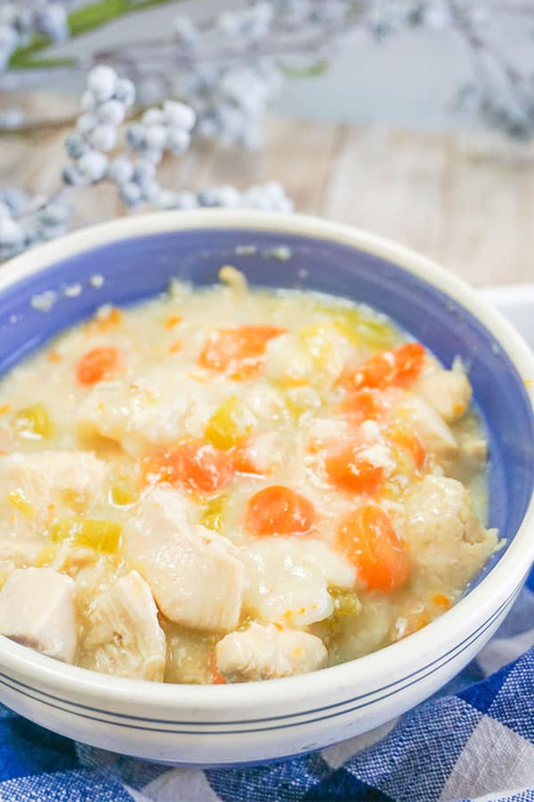Slow Cooker Chicken and Dumplings in a white and blue bowl next to a white and blue checkered cloth