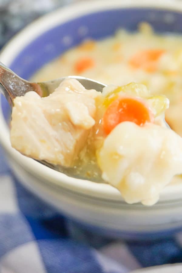 a spoonful of Slow Cooker Chicken and Dumplings above more in  a white and blue bowl next to a white and blue checkered cloth