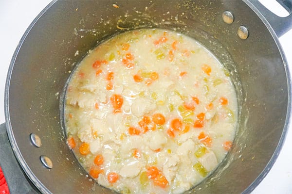 chicken and dumplings cooking in a pot