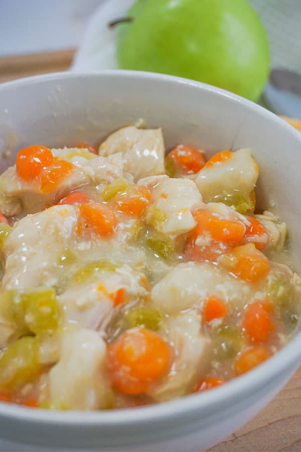 Homestyle Chicken and Dumplings in a white bowl