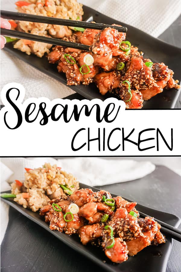 a collage of Take-Out Style Sesame Chicken on a black plate next to brown rice with chopsticks on the plate, on a white cloth on a brown table with title text reading Sesame Chicken