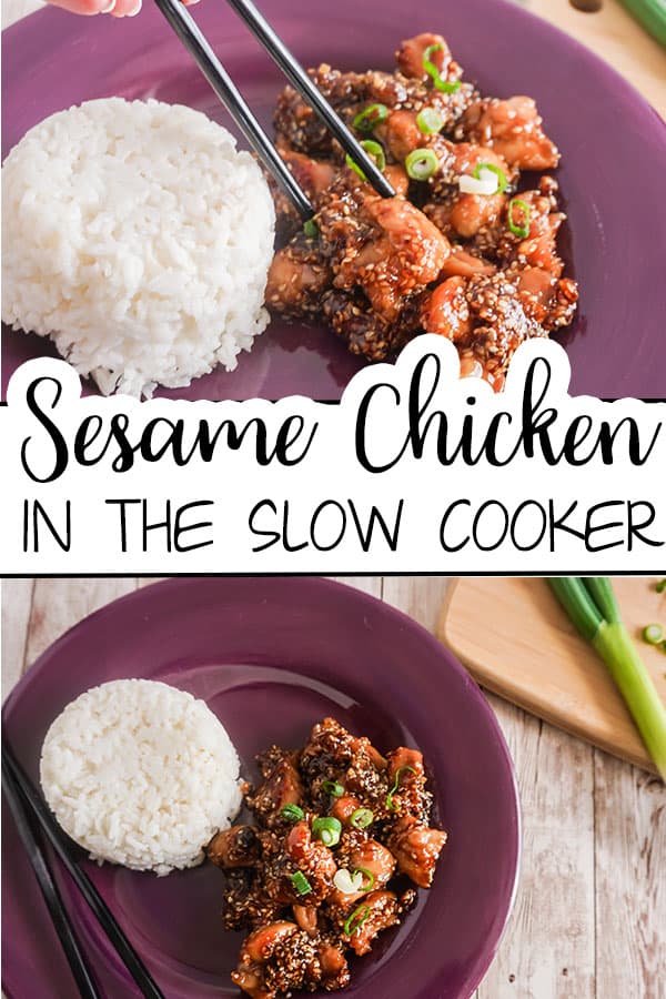 a collage of Slow Cooker Sesame Chicken next to white rice on a purple plate with chopsticks or without with title text reading Slow Cooker Sesame Chicken