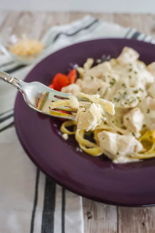 a fork full of Slow Cooker Alfredo Chicken with more on the plate below it next to tomatoes on a purple plate next to a fork, black and white cloth, and bowl of shredded cheese, all on a wood table