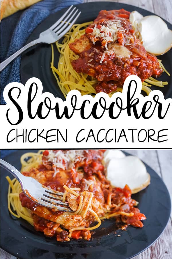 a collage of Slow Cooker Chicken Cacciatore next to a fork on a black plate on a wood table with bread, a blue cloth and a glass in the background with title text reading Slow cooker Chicken Cacciatore