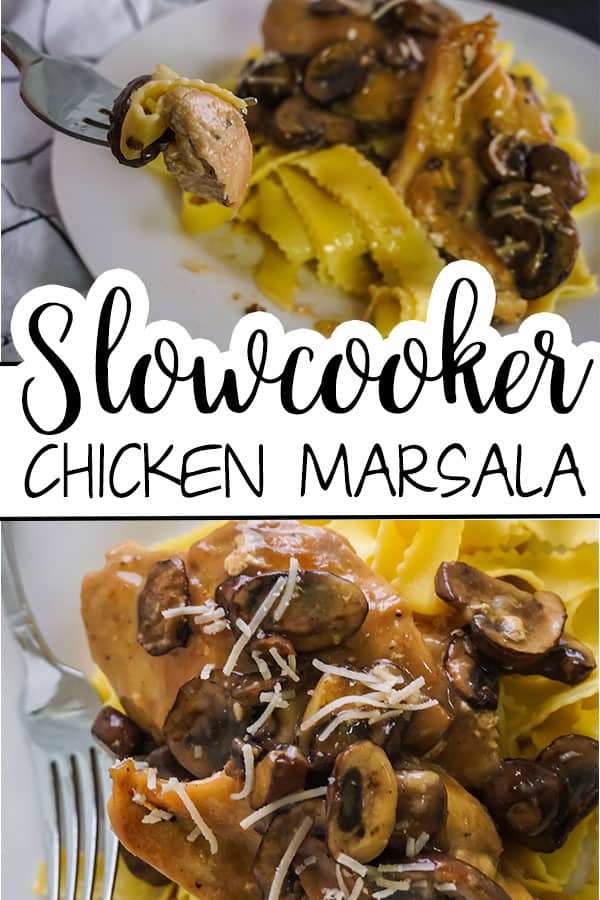 a collage of Slow Cooker Chicken Marsala next to a fork on a white plate with title text reading Slowcooker Chicken Marsala