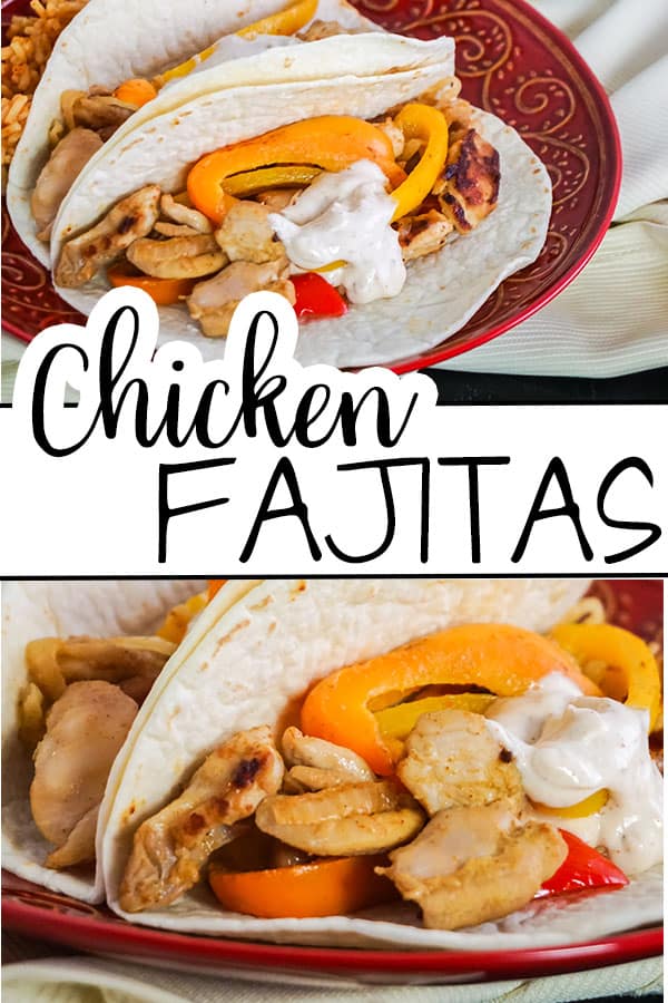 a collage of two chicken fajitas next to rice and a slice of lime on a red plate on a white cloth with a glass bowl of jalapeno slices in the background with title text reading Chicken Fajitas