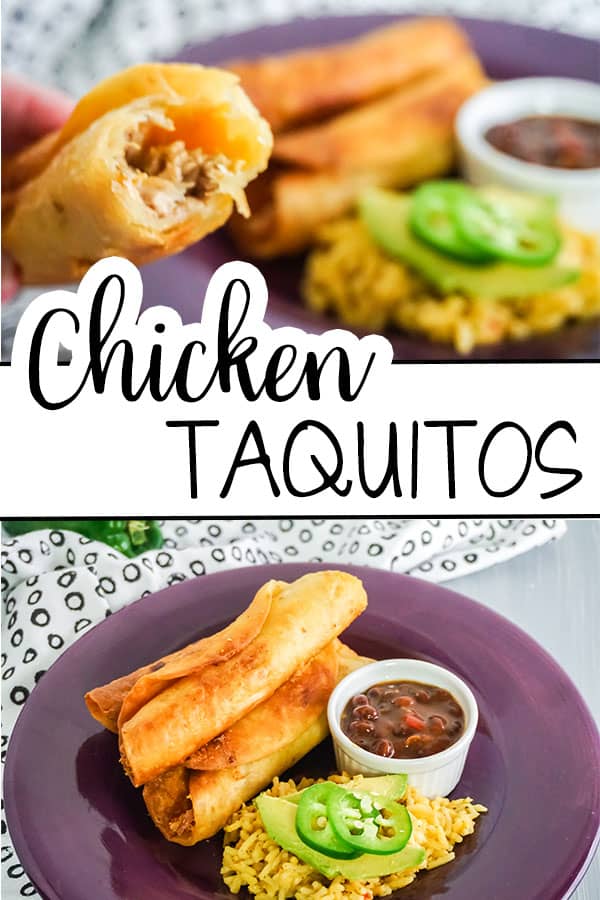 a collage of Chicken Taquitos next to rice and beans on a purple plate on a white and black cloth with title text reading Chicken Taquitos