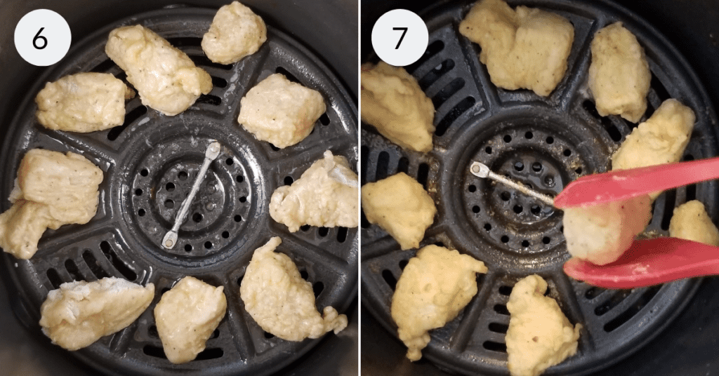 a collage of 2 images showing how to make chicken nuggets in air fryer