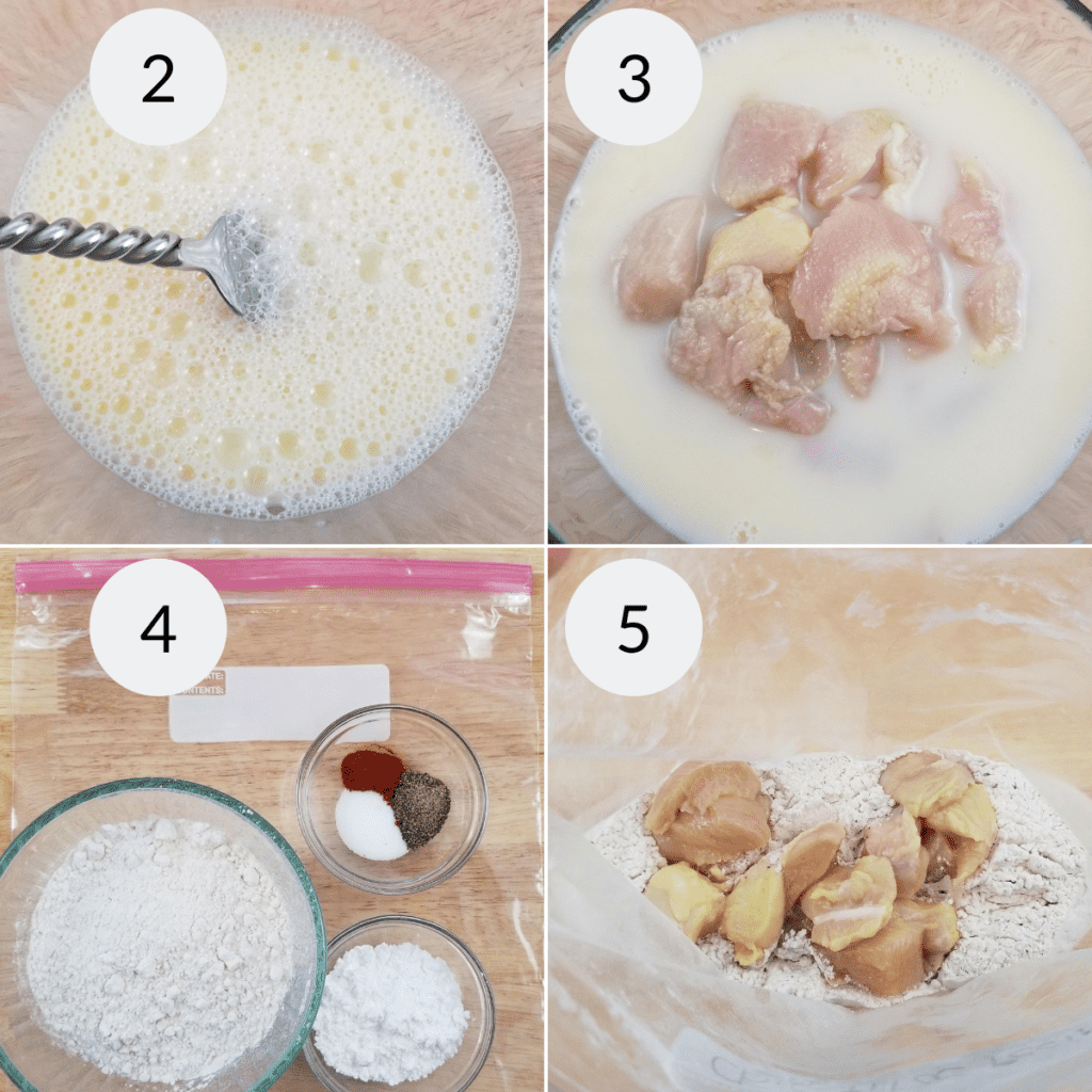 a collage of 4 images showing the steps needed to bread air fryer chicken nuggets
