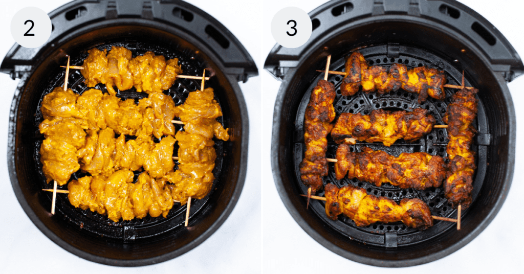 left image is raw chicken on skewers in an air fryer and right image is the chicken cooked.