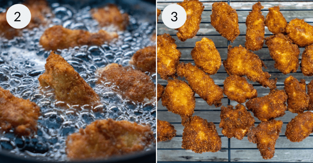 a collage of 2 images showing chicken being cooked in oil and chicken cooling on a wire rack.