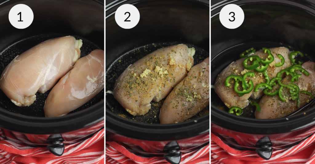 a collage of three images showing the steps needed to make the jalapeno chicken recipe.