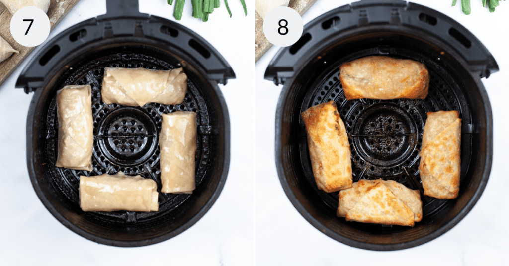 a collage of 2 images showing how to cook air fryer egg rolls