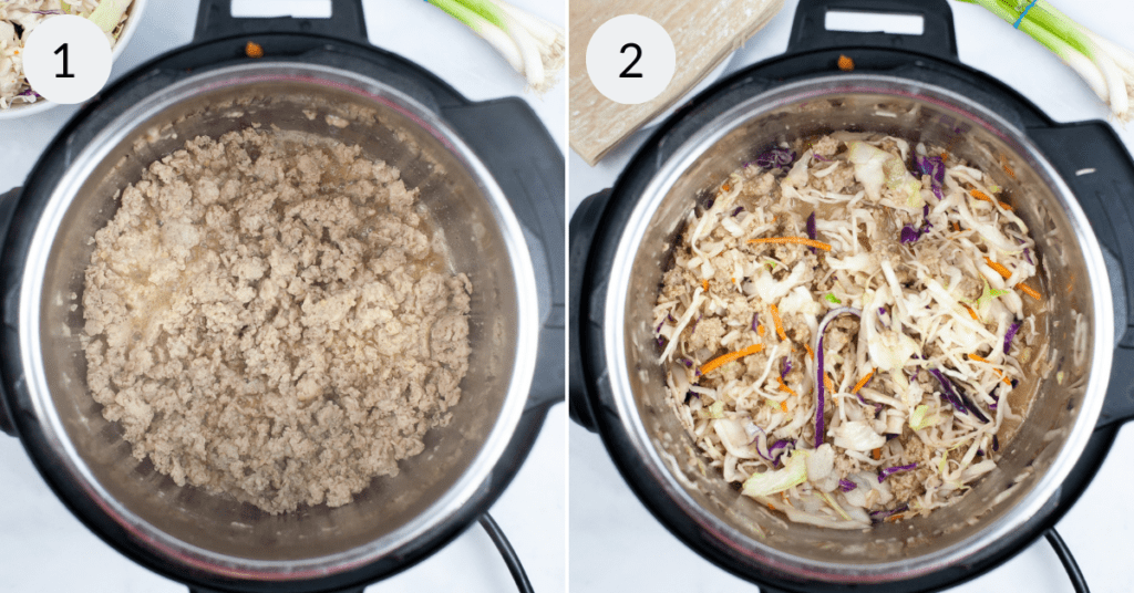 a collage of 2 images showing the steps needed to make the filling for chicken egg rolls