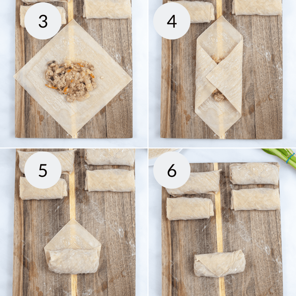 a collage of 4 images showing the steps needed to fill and roll chicken egg rolls