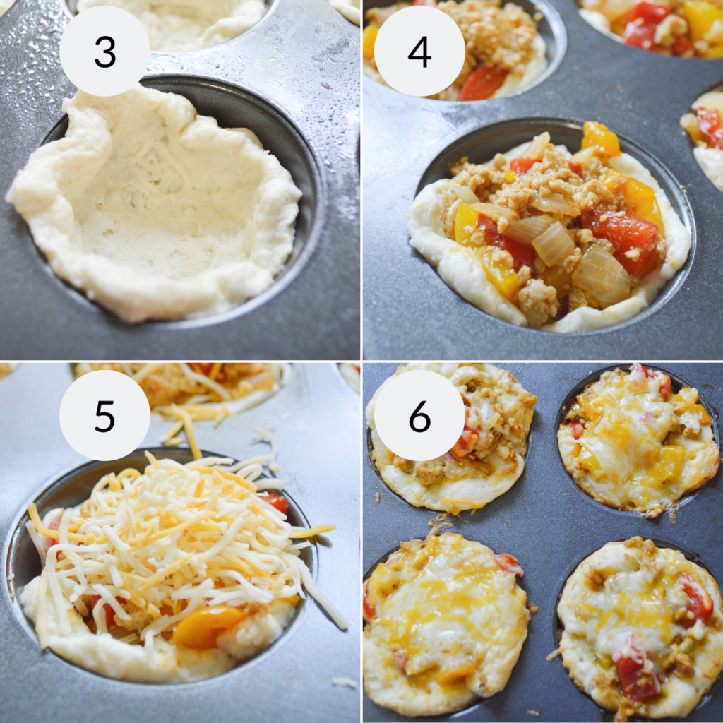 a collage of 4 images showing how to assemble and bake chicken fajita cups.