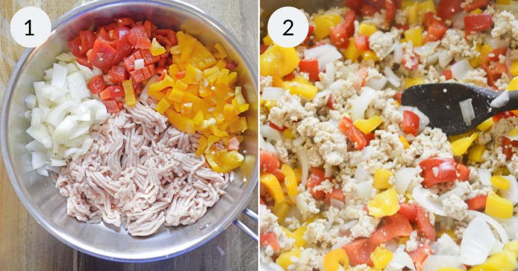 a collage of 2 images showing how to make the filling for chicken fajita cups.
