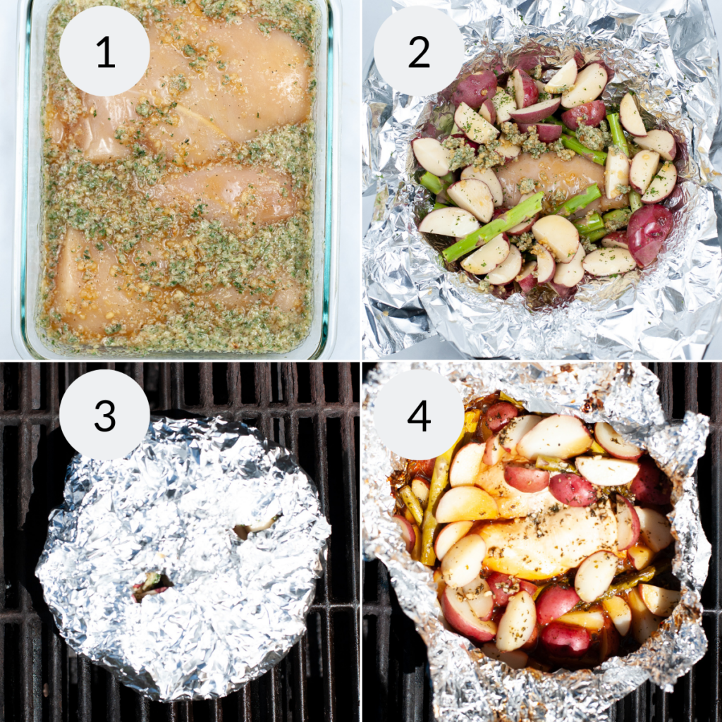 a collage of 4 images showing the steps needed to make Foil Packet Honey Garlic Chicken.