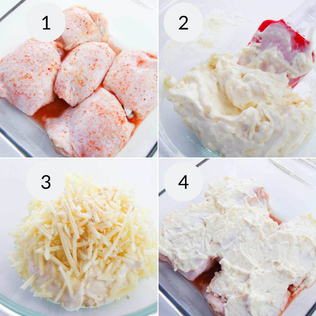 a collage of 4 images showing how to make the Hellman's coating for the chicken.