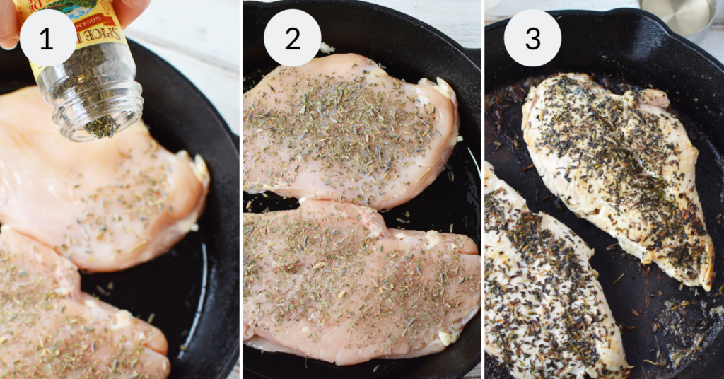 a collage of 3 images showing the steps needed for putting herbs on chicken breasts.