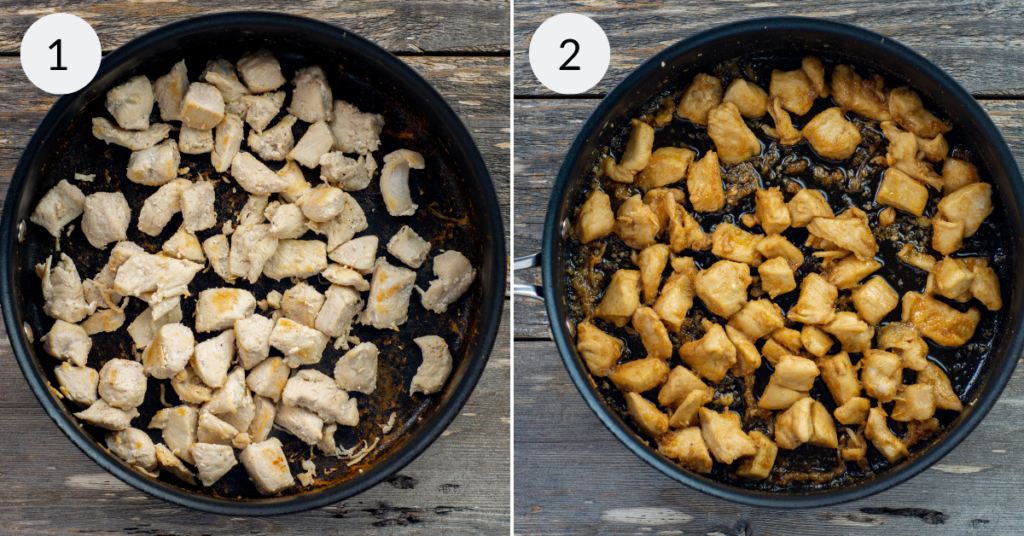 a collage of 2 images showing how to cook and season the cut up chicken in a skillet