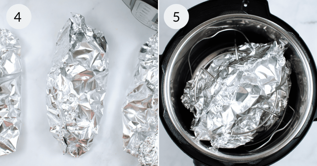 a collage of 2 pictures showing foil wrapped chicken on a white table and in an instant pot