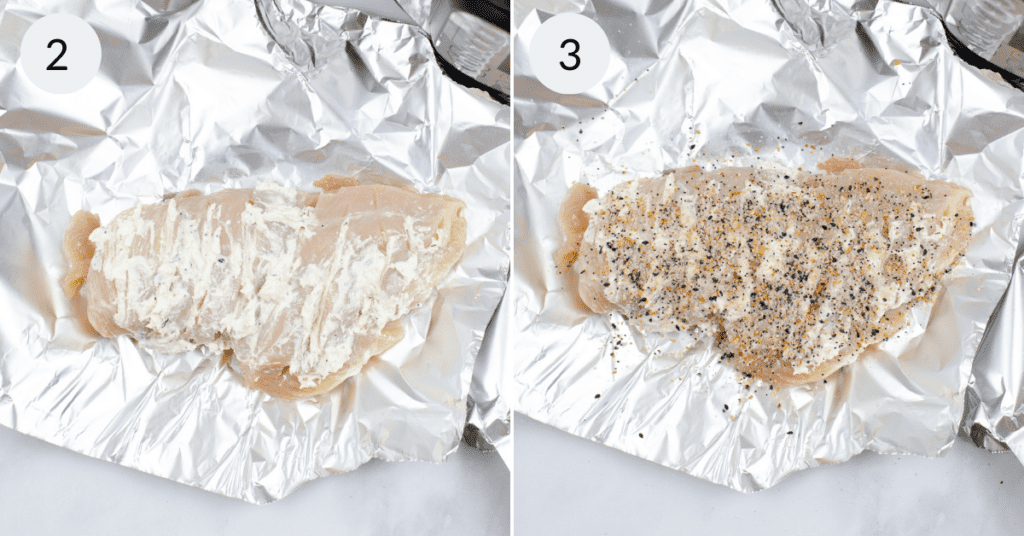 2 images showing a chicken breast scored with cream cheese mixture on the picture on the left and seasoning added in the picture on the right