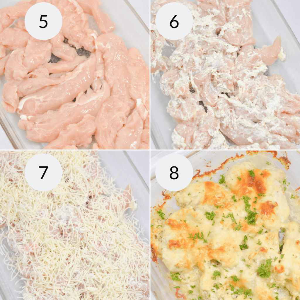 a collage of 4 images showing the steps needed to bake a cheesy chicken casserole