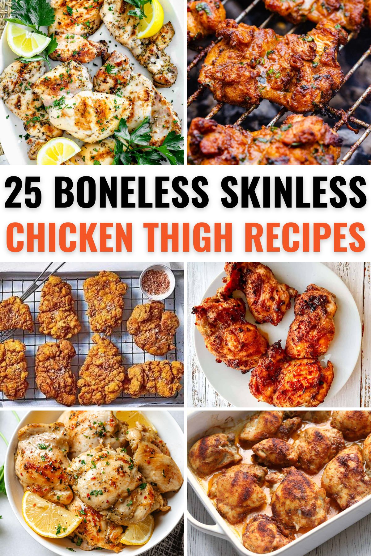 Collection of fried, grilled, and air fryer boneless skinless chicken thighs.