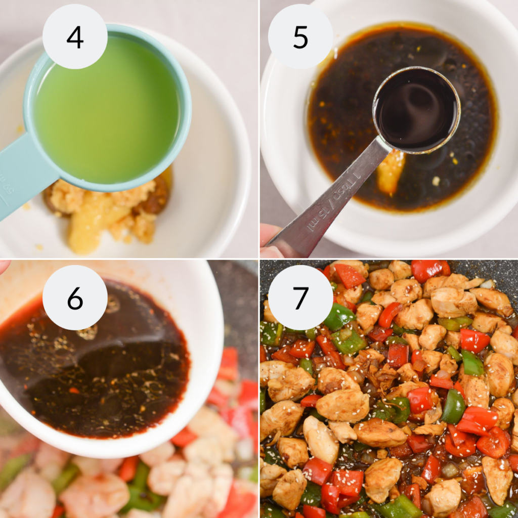 a collage of 4 images showing how to make the sauce for Keto Chicken Stir Fry. 