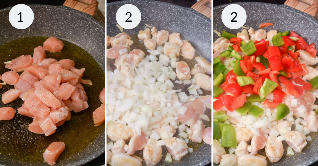 a collage of 3 images showing how to cook the chicken and vegetables for Chicken Stir-Fry. 