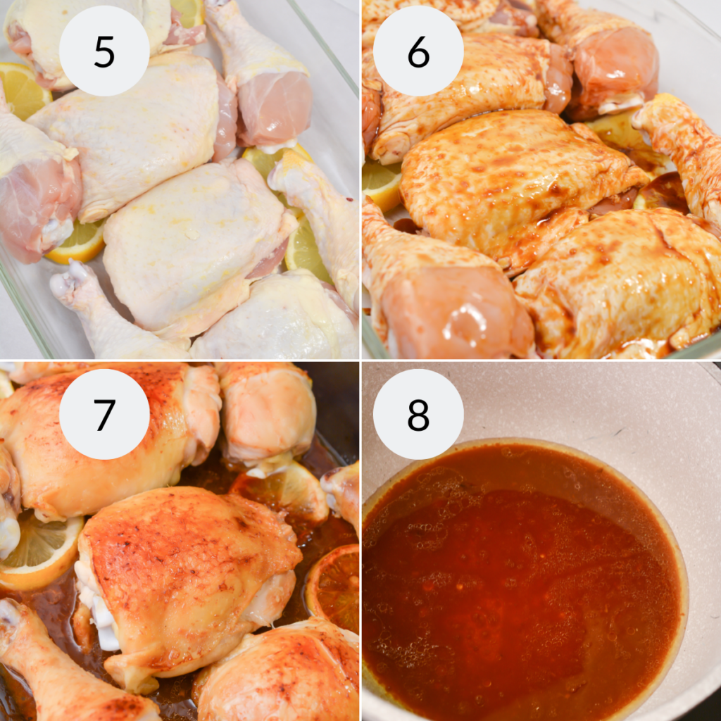 a collage of 4 images showing how to prepare the Sticky Honey Soy Chicken for baking.