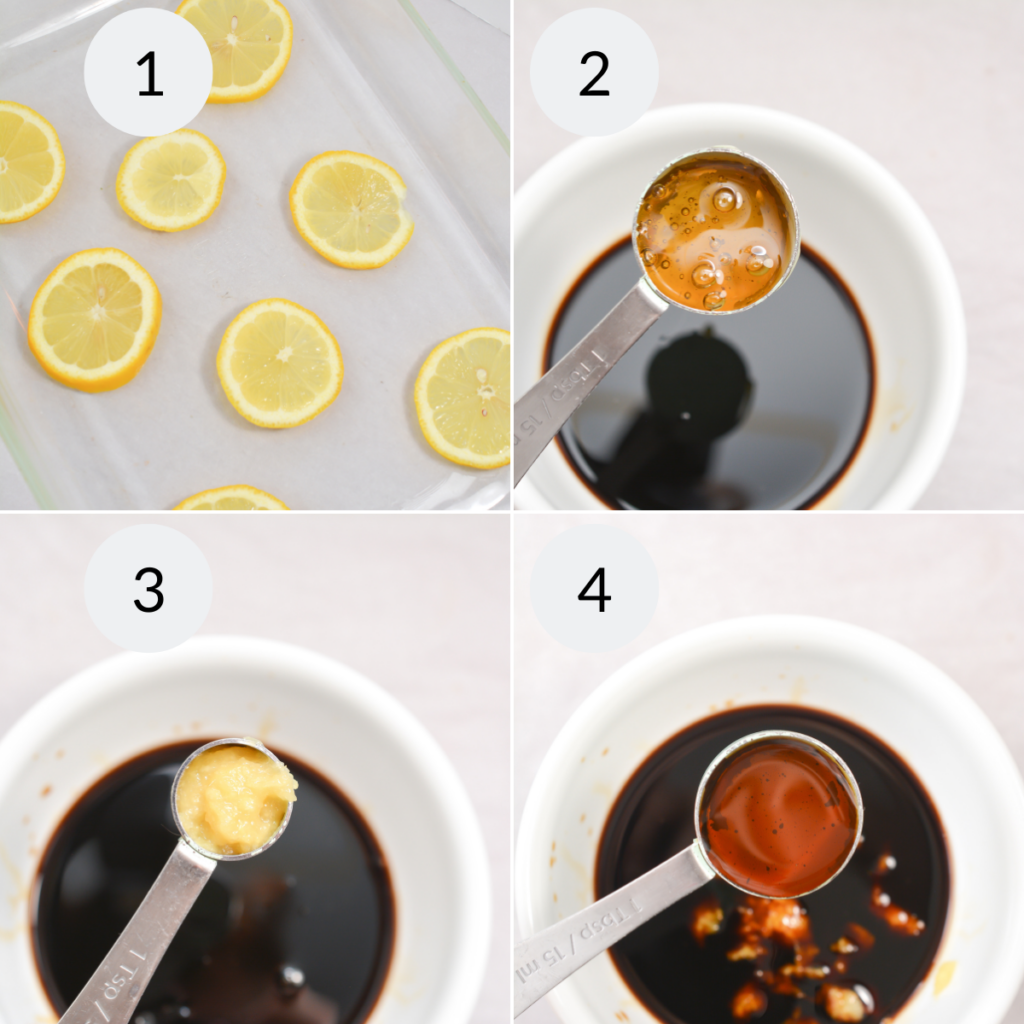 a collage of 4 images showing how to make the sauce for the chicken.
