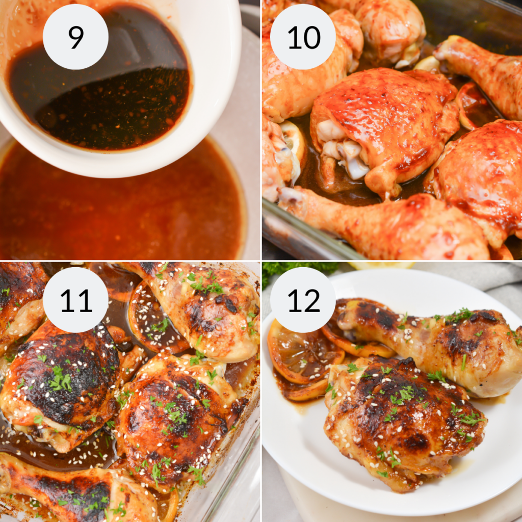 a collage of 4 images showing the final steps for making Sticky Honey Soy Chicken.