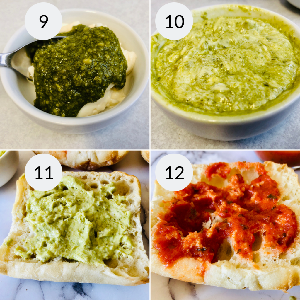 a collage of 4 images showing how to make pesto sauce and put it on the bread.