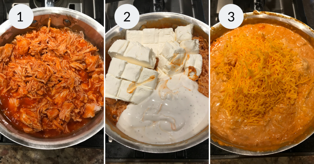 a collage of 3 images showing how to make the recipe for buffalo chicken dip in slow cooker.