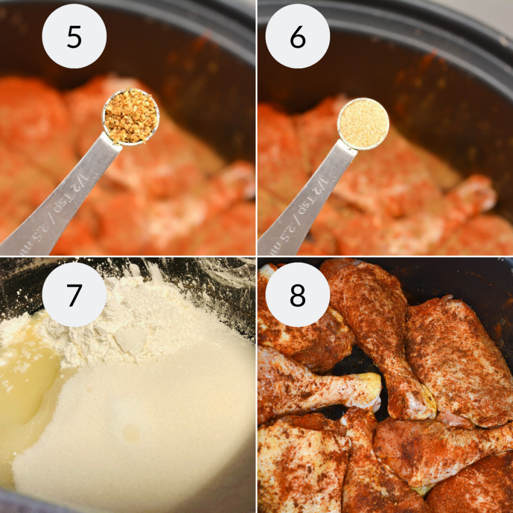 a collage of 4 images showing how to season the chicken drumsticks in the crockpot.