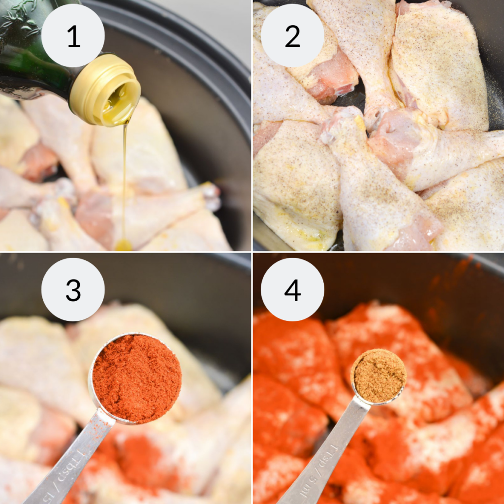 a collage of 4 images showing how to season the chicken drumsticks in the crockpot.