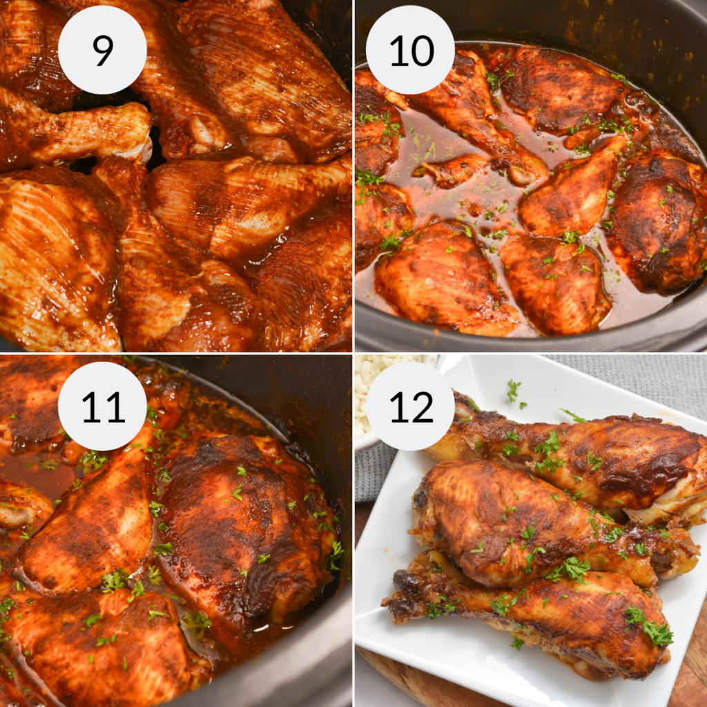 a collage of 4 images showing how to cook the chicken drumsticks in the crockpot.