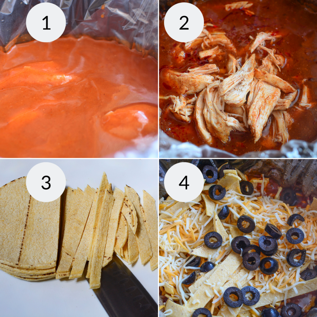a collage of 4 images showing how to assemble the crock pot chicken enchiladas recipe.