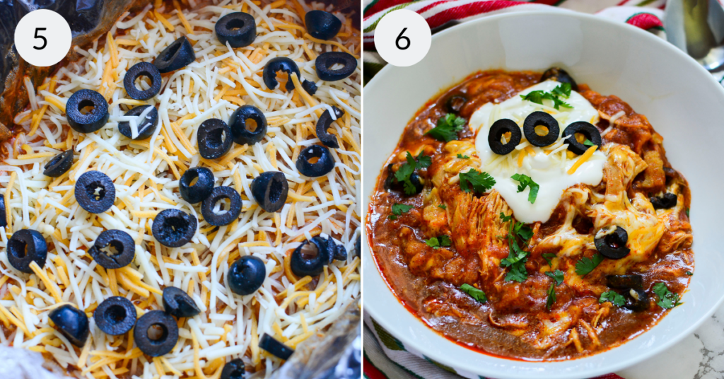 a collage of 2 images showing the crock pot chicken enchiladas recipe before and after cooking.