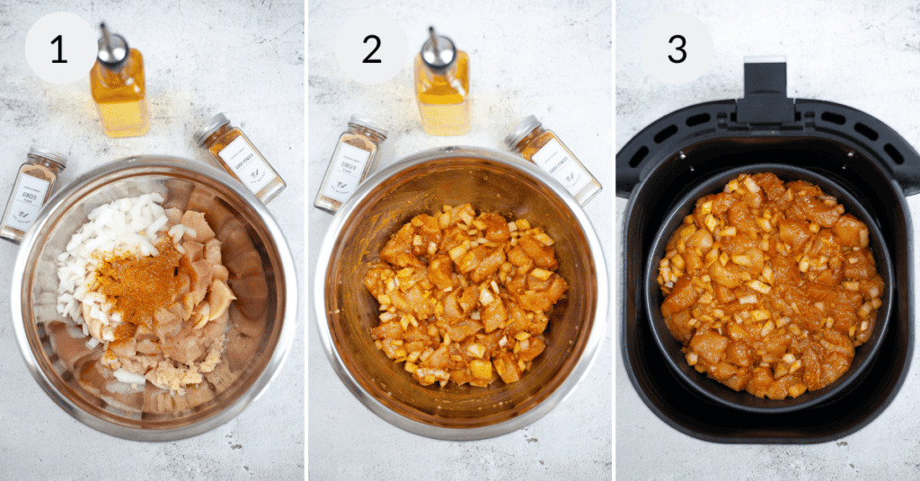 a collage of 3 images showing how to season the curry chicken.