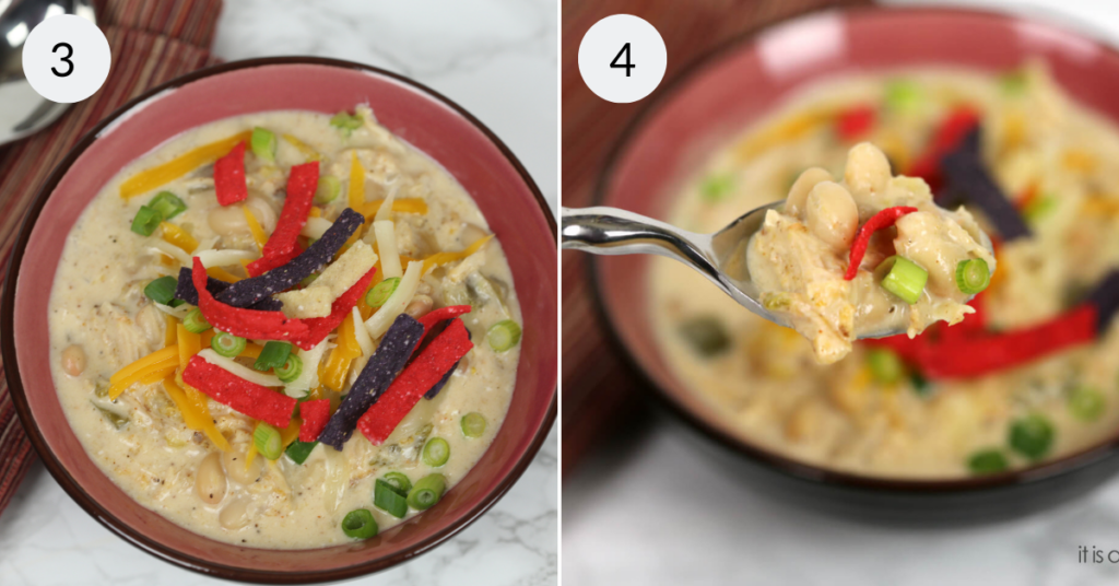 a collage of 2 images showing slow cooker cream cheese chicken chili in a bowl and on a spoon