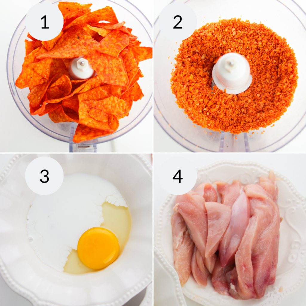 a collage of 4 images showing how to make the coating for doritos chicken.
