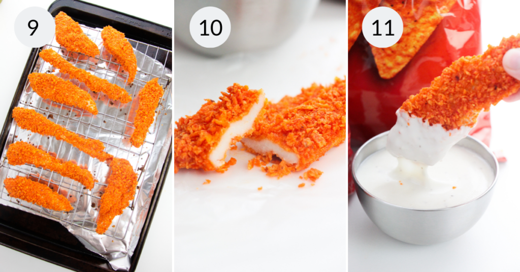 a collage of 3 images showing how to bake and serve dorito chicken fingers.