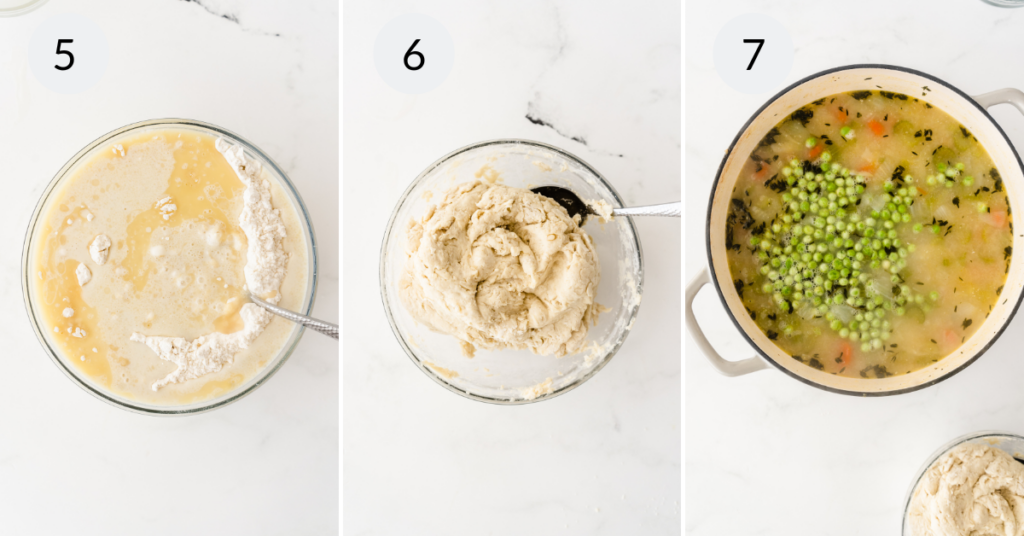 a collage of 3 images showing how to make dumplings for the creamy chicken dumpling soup.