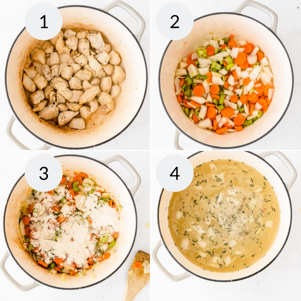 a collage of 4 images showing how to make chicken and dumplings with vegetables.