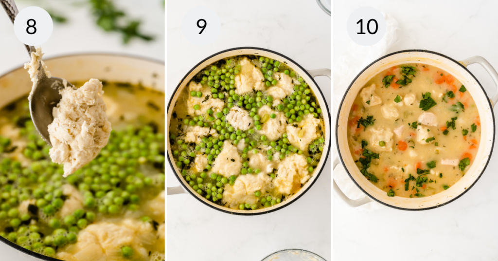 a collage of 3 images showing how to cook the dumplings for the creamy chicken dumpling soup.
