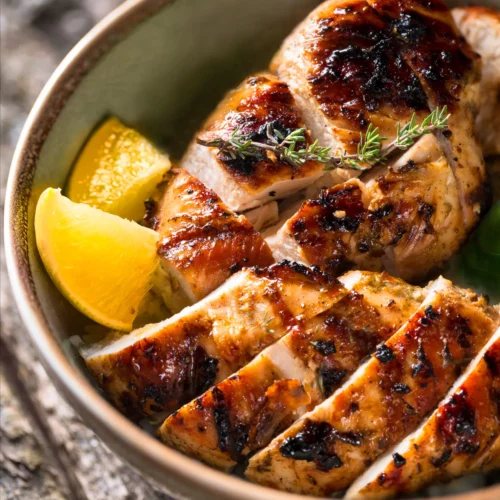 slices of grilled chicken in a dish